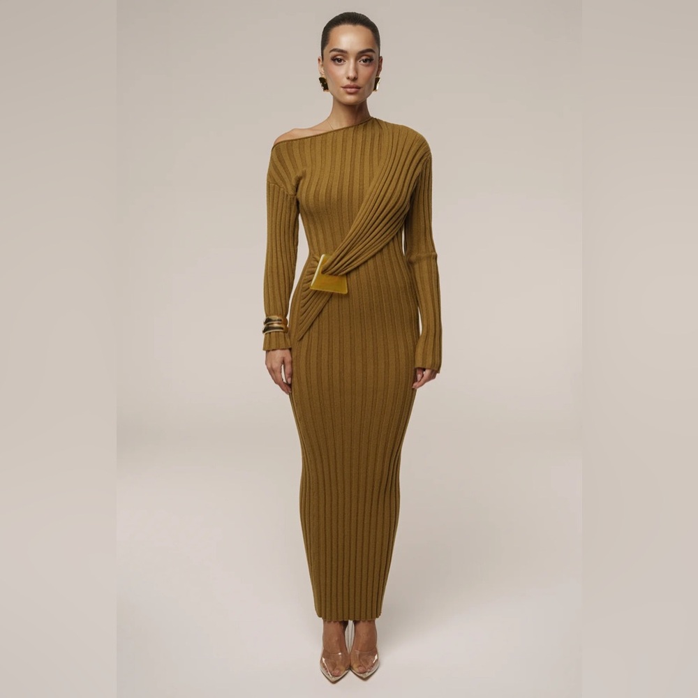 JLUXLABEL One Shoulder Ribbed Dress in Tan